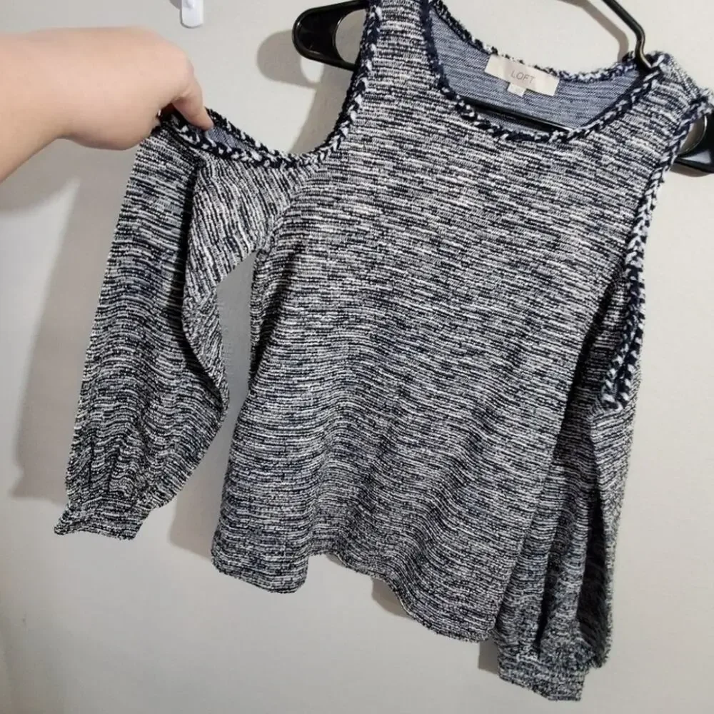 Loft blue and white bookcase bolce cold shoulder‎ sweater size medium